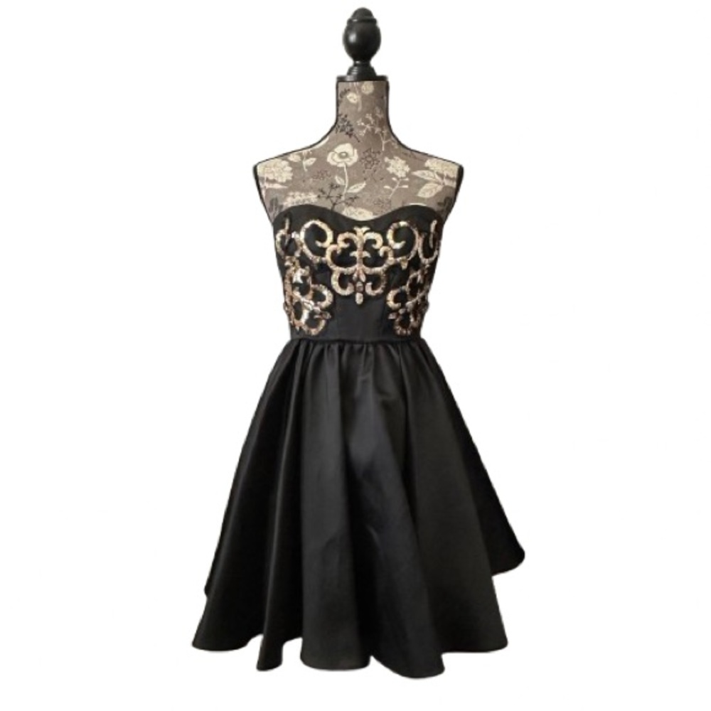 ABS Allen Schwartz Sz. 2 Black & Gold Decor Strapless Dress Prom Formal Dress